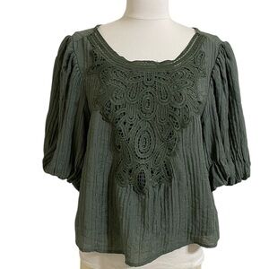 New Olive Green Puff Sleeve Popover Blouse Lace Yoke Textured Fabric Medium